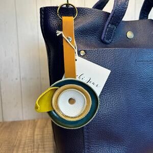 Genuine Leather Purse Charm White Gold Aqua Flower Bag Keychain Accessory